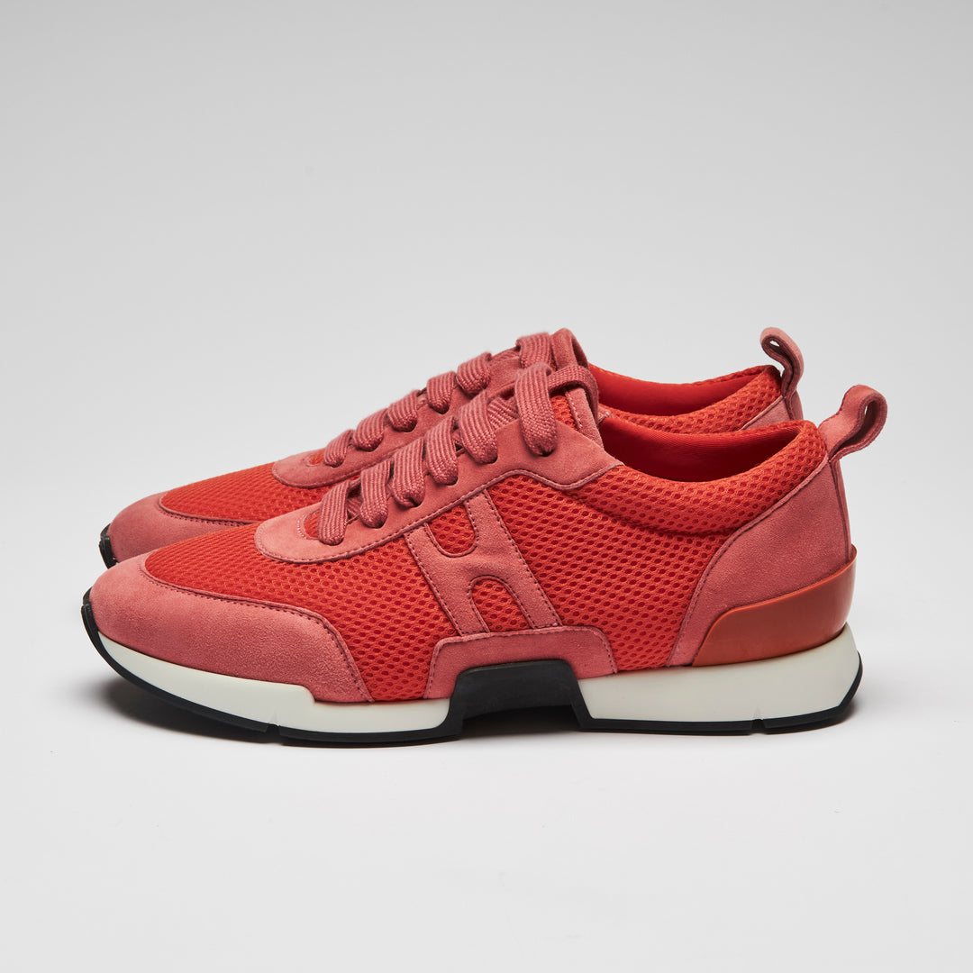 Excellent Pre-Loved Pink Suede and Coral Mesh Sneakers.(side)