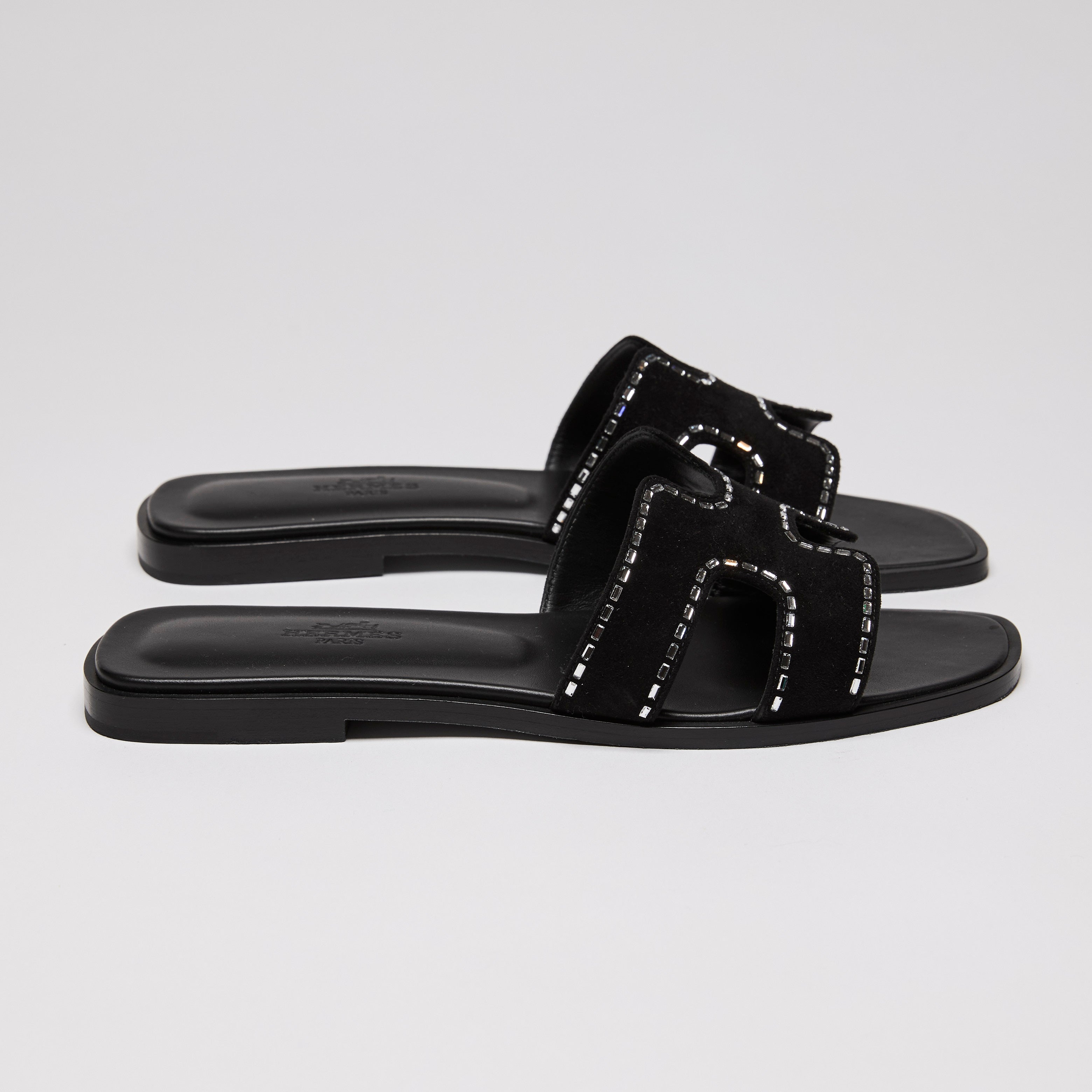 Hermes Black Calfskin Crystal Embellished Oran Sandals Size 36 Luxury Finds Consignment