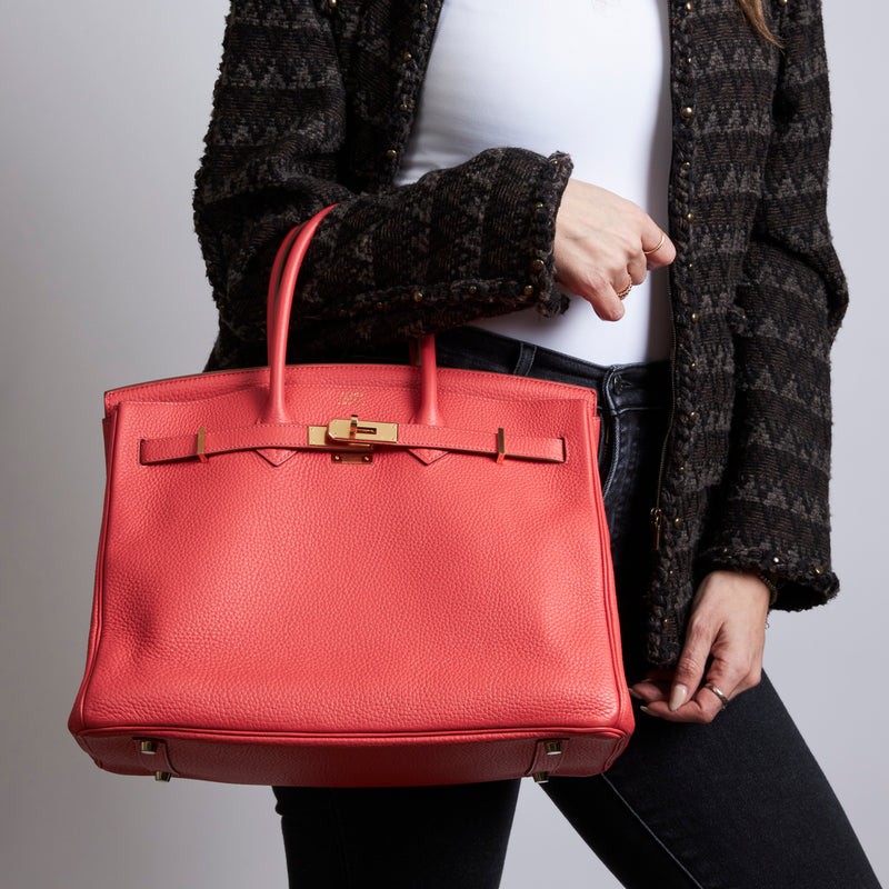 Excellent Pre-Loved Bright Rosy Red Grained Leather Top Handle Bag(on body)