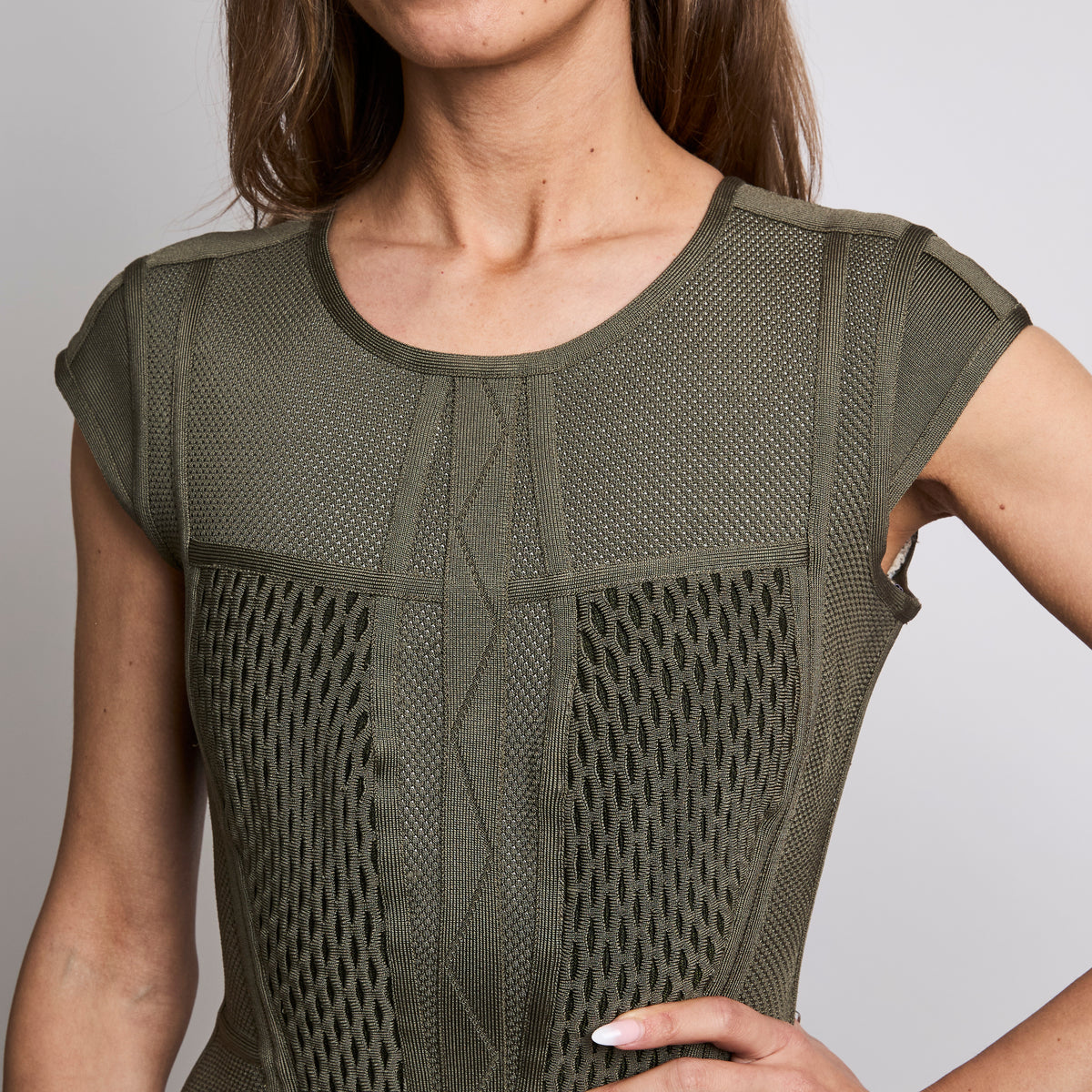 Herve Leger Open Back Olive Peplum Bandage Dress
