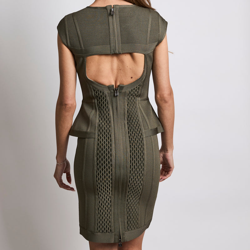 Herve Leger Open Back Olive Peplum Bandage Dress