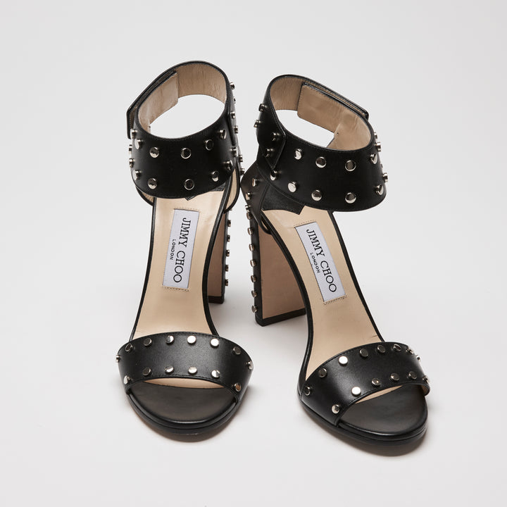 Jimmy Choo Black Calf Leather Veto Studded Block Heel Sandals Size 39