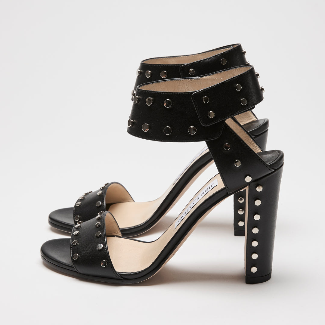 Jimmy Choo Black Calf Leather Veto Studded Block Heel Sandals Size 39