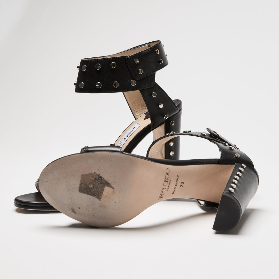 Jimmy Choo Black Calf Leather Veto Studded Block Heel Sandals Size 39