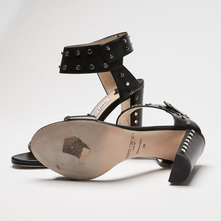 Jimmy Choo Black Calf Leather Veto Studded Block Heel Sandals Size 39