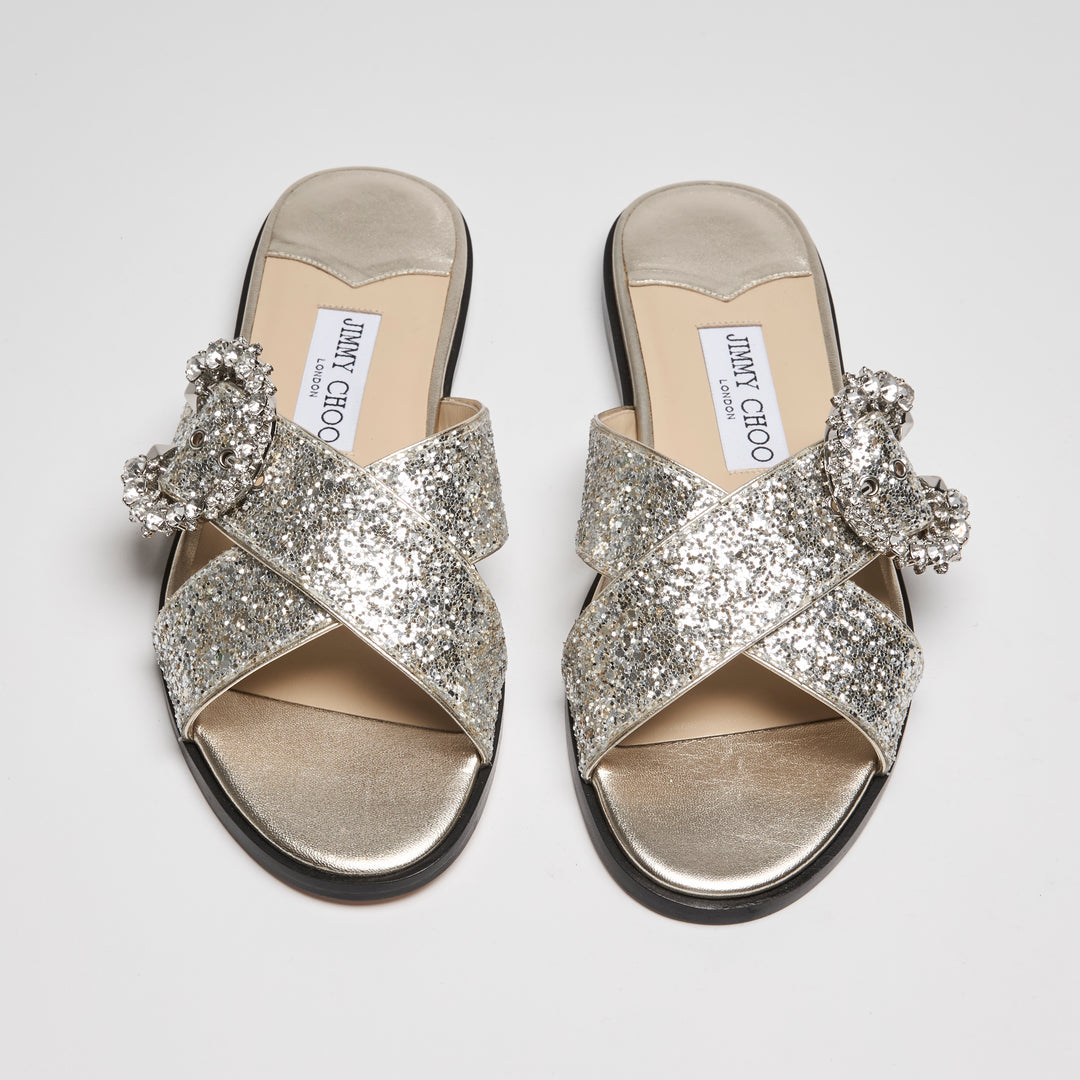 Jimmy Choo Metallic Silver Coarse Glitter Marle Slides Size 38