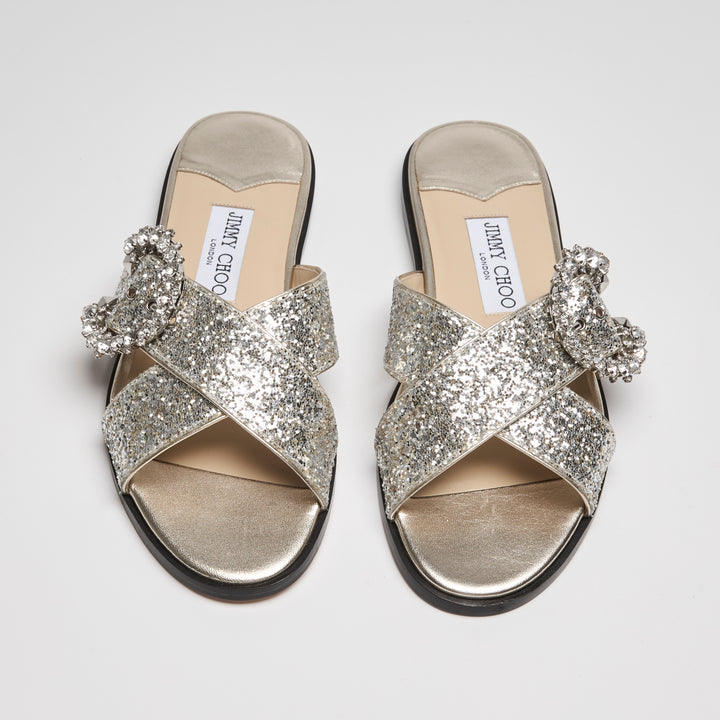 Jimmy Choo Metallic Silver Coarse Glitter Marle Slides Size 38