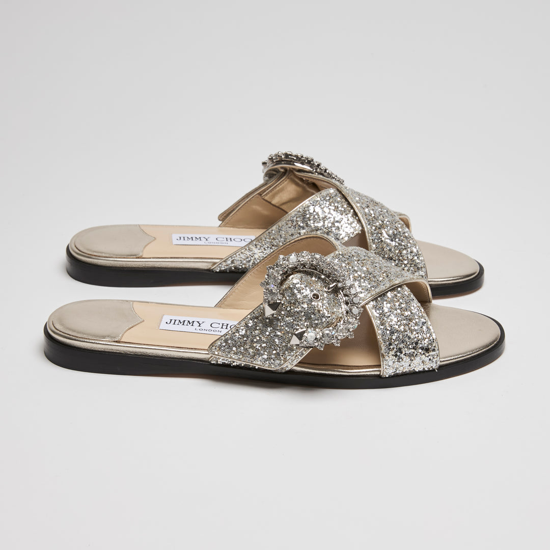 Jimmy Choo Metallic Silver Coarse Glitter Marle Slides Size 38