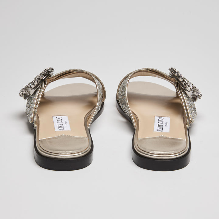 Jimmy Choo Metallic Silver Coarse Glitter Marle Slides Size 38