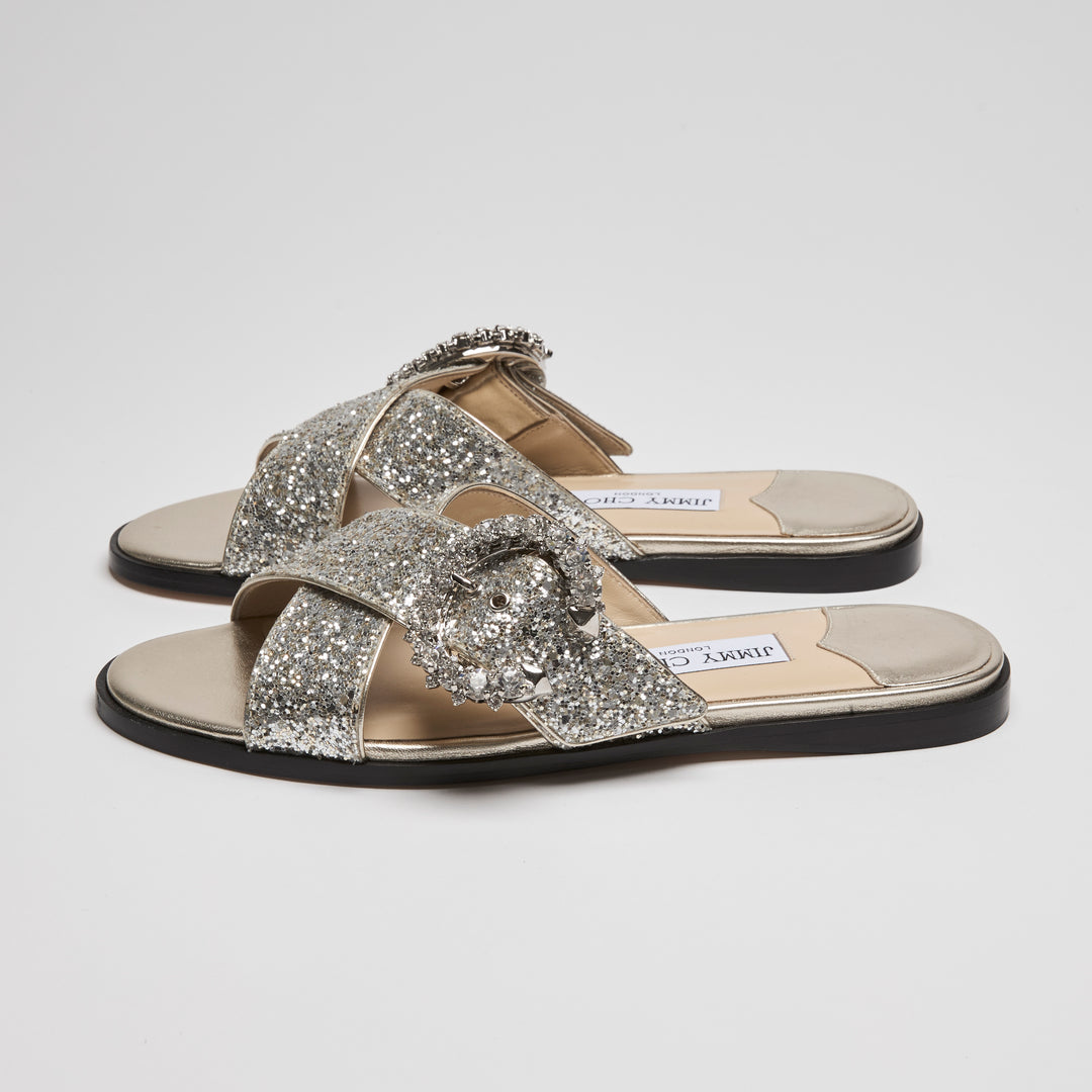 Jimmy Choo Metallic Silver Coarse Glitter Marle Slides Size 38