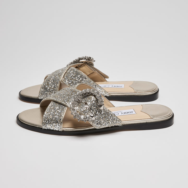 Jimmy Choo Metallic Silver Coarse Glitter Marle Slides Size 38