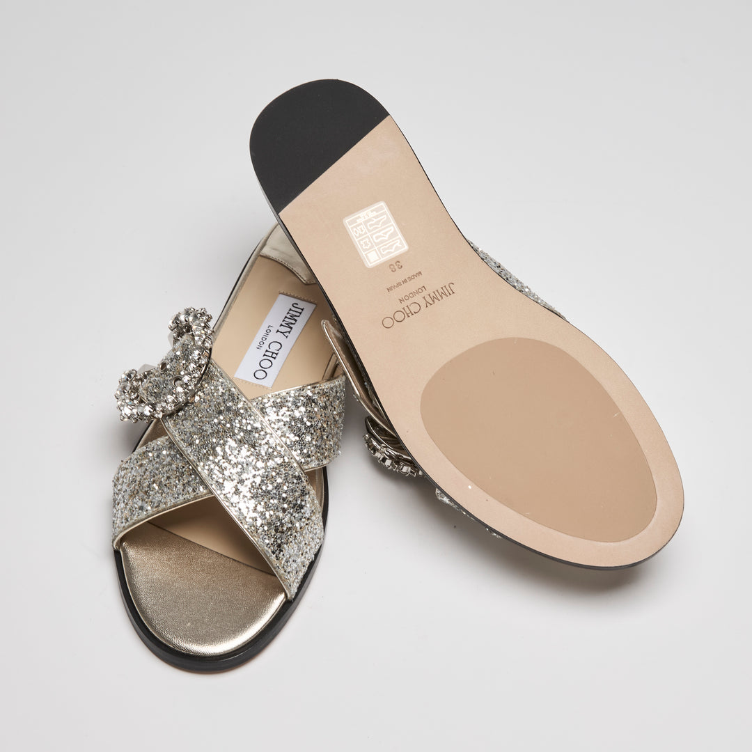 Jimmy Choo Metallic Silver Coarse Glitter Marle Slides Size 38