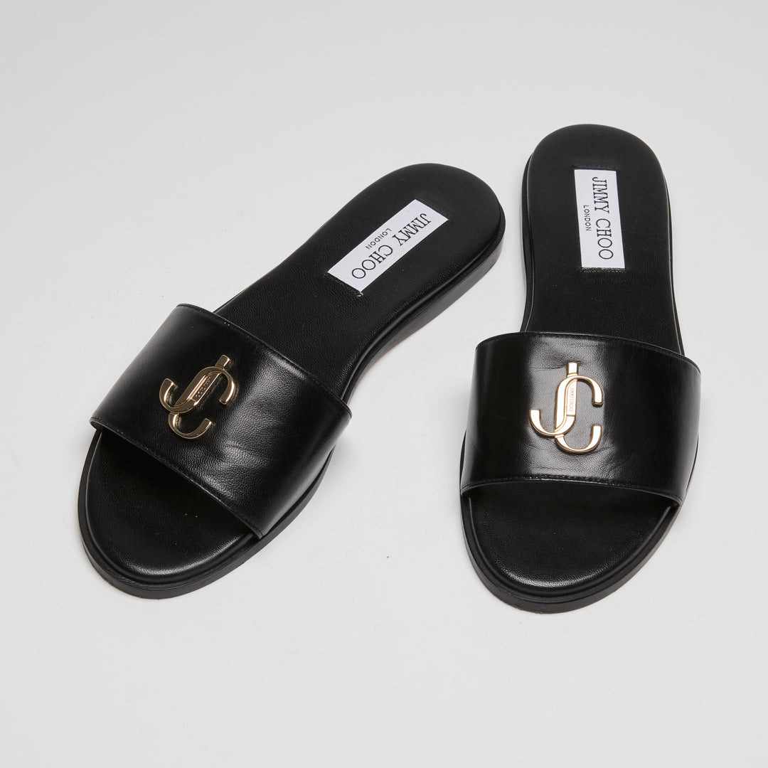 Jimmy Choo Black Calf Leather London JC Flat Sandals Size 38
