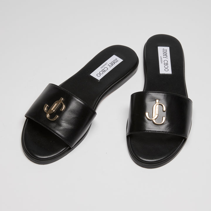 Jimmy Choo Black Calf Leather London JC Flat Sandals Size 38