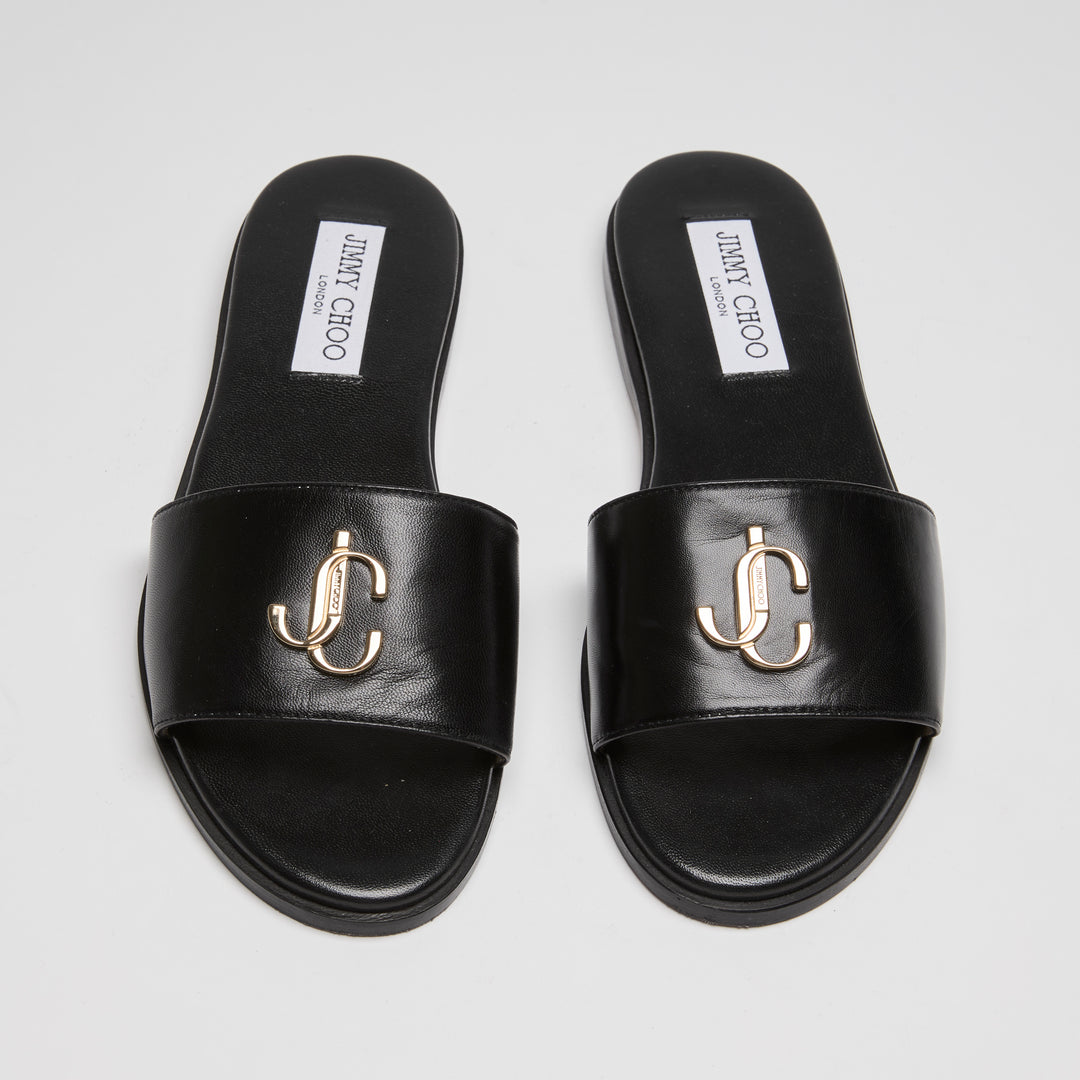 Jimmy Choo Black Calf Leather London JC Flat Sandals Size 38