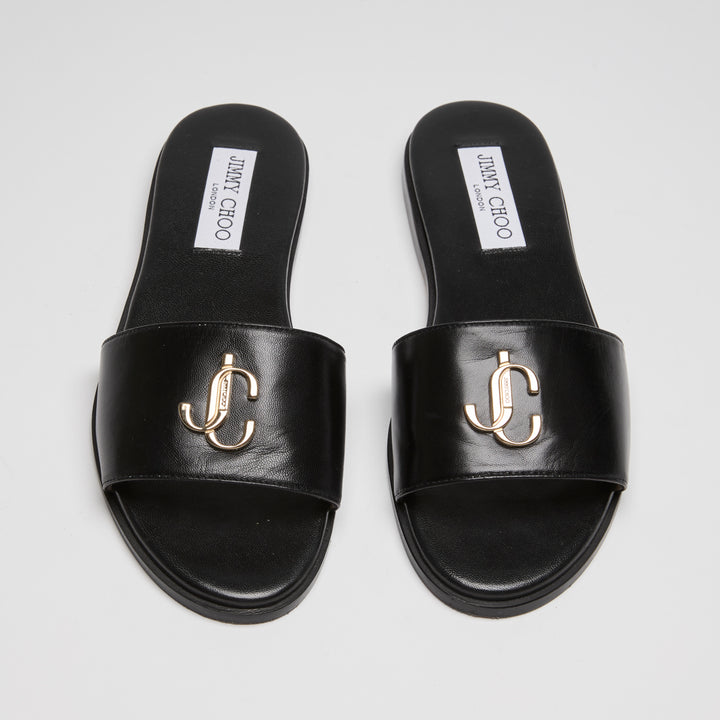 Jimmy Choo Black Calf Leather London JC Flat Sandals Size 38