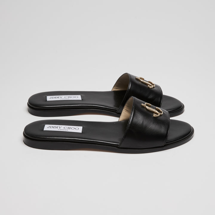 Jimmy Choo Black Calf Leather London JC Flat Sandals Size 38