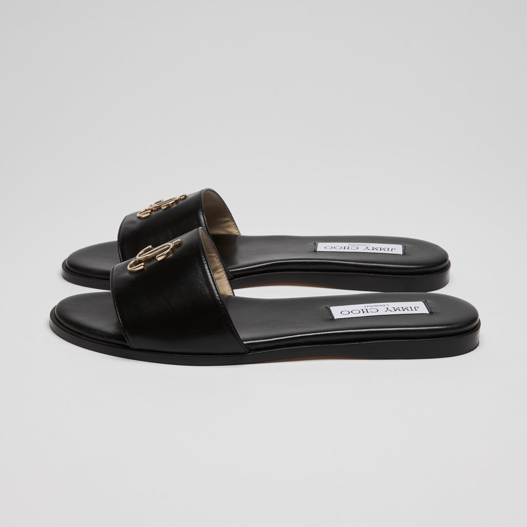 Jimmy Choo Black Calf Leather London JC Flat Sandals Size 38