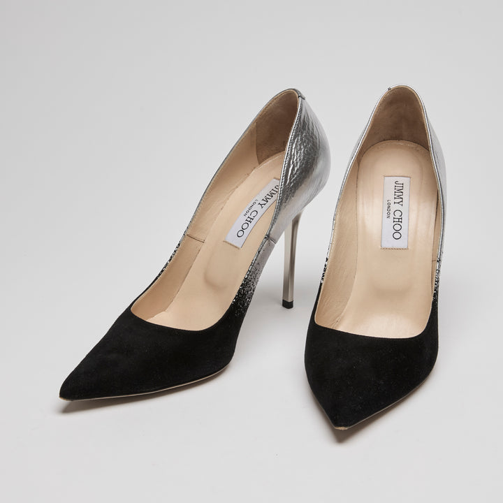 Jimmy Choo Black Suede & Silver Dégradé Leather Anouk Pumps Size 38.5