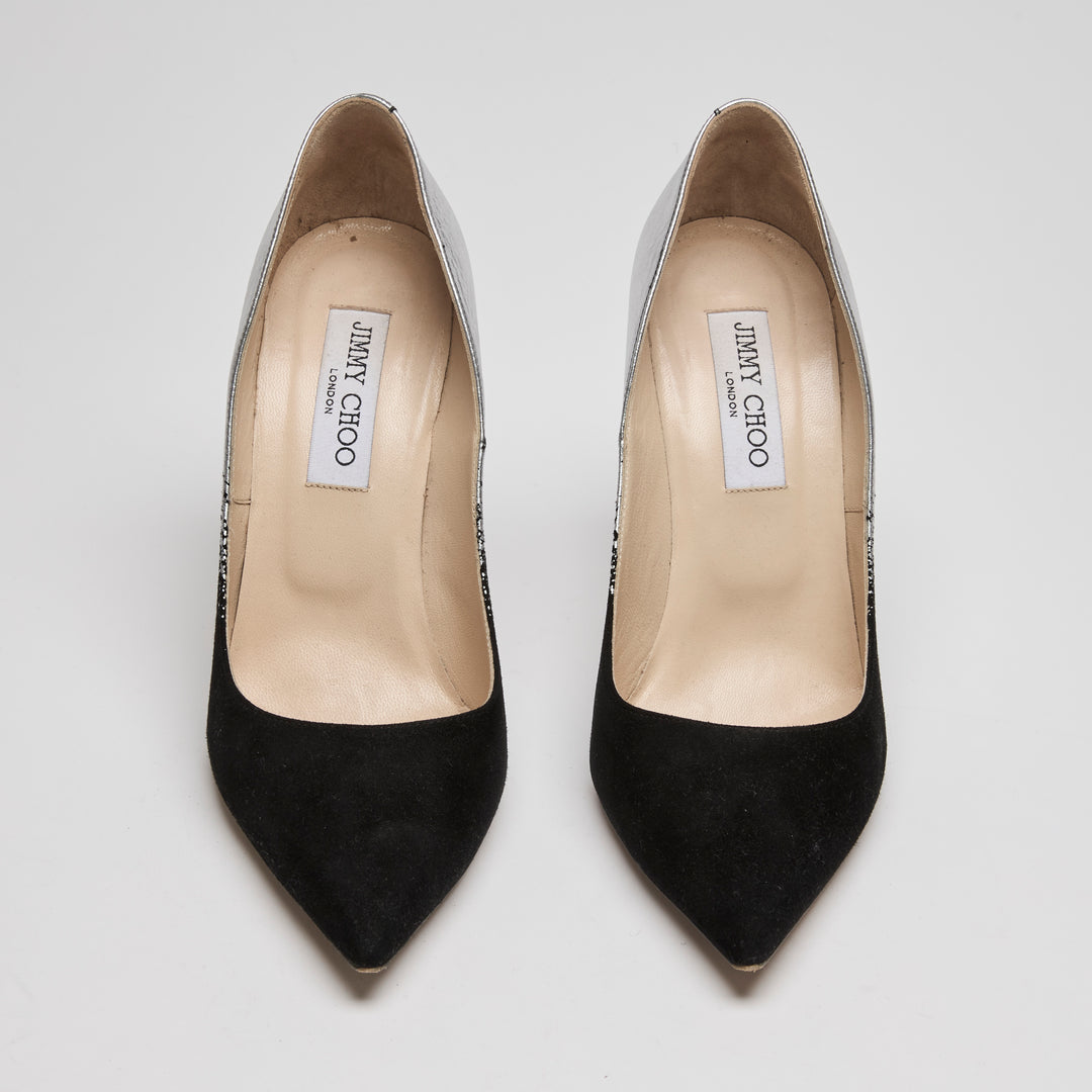 Jimmy Choo Black Suede & Silver Dégradé Leather Anouk Pumps Size 38.5