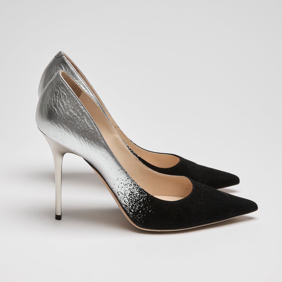 Jimmy Choo Black Suede & Silver Dégradé Leather Anouk Pumps Size 38.5