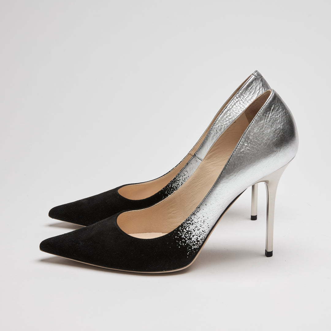 Jimmy Choo Black Suede & Silver Dégradé Leather Anouk Pumps Size 38.5