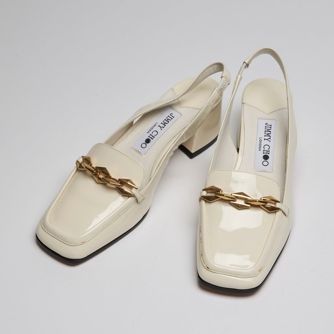 Jimmy Choo Ivory Patent Leather Diamond Tilda Loafer Slingbacks Size 37