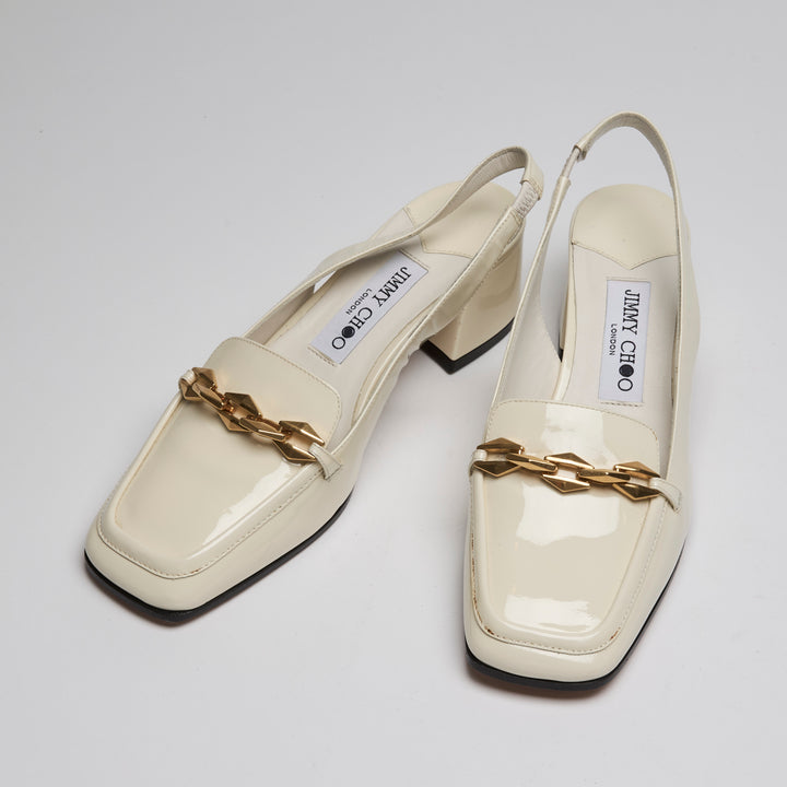 Jimmy Choo Ivory Patent Leather Diamond Tilda Loafer Slingbacks Size 37