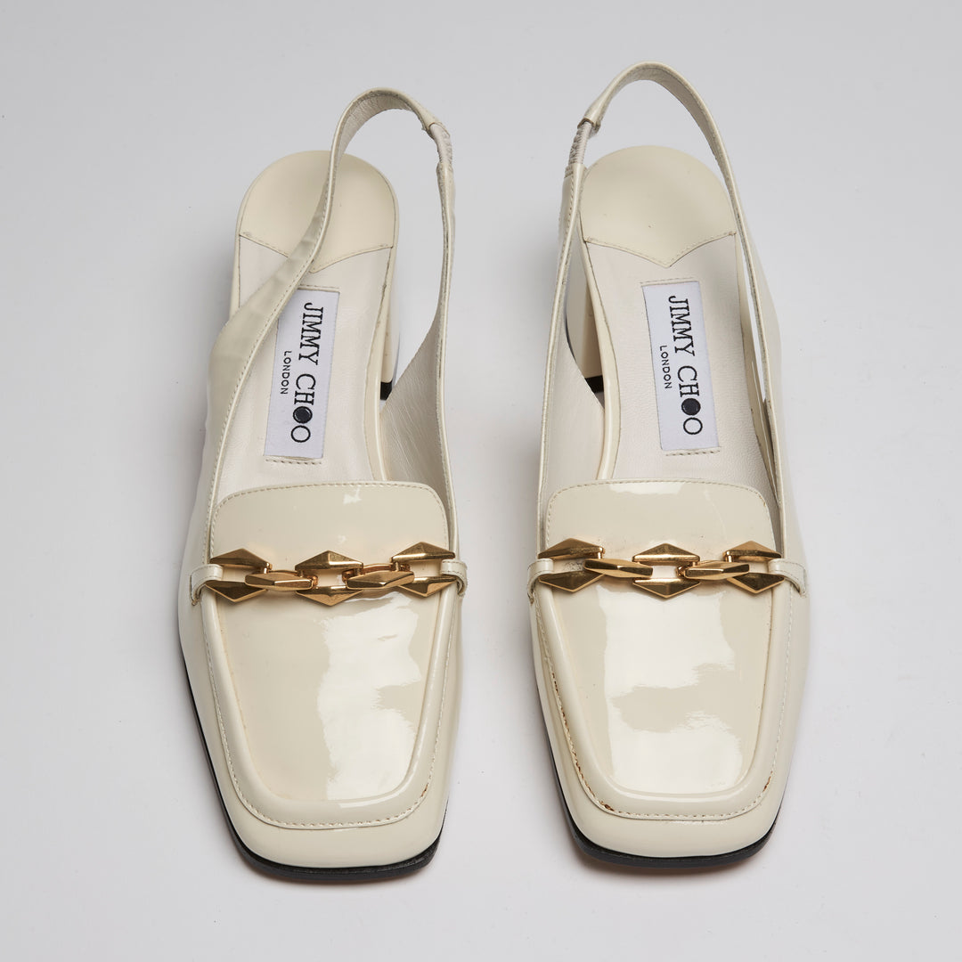 Jimmy Choo Ivory Patent Leather Diamond Tilda Loafer Slingbacks Size 37