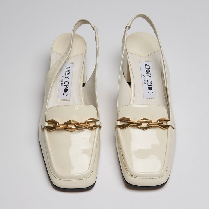 Jimmy Choo Ivory Patent Leather Diamond Tilda Loafer Slingbacks Size 37