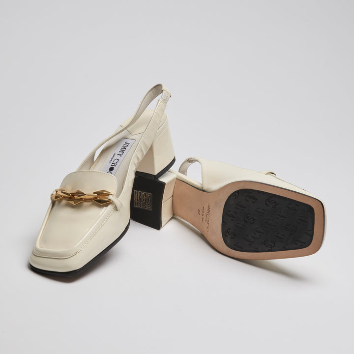 Jimmy Choo Ivory Patent Leather Diamond Tilda Loafer Slingbacks Size 37