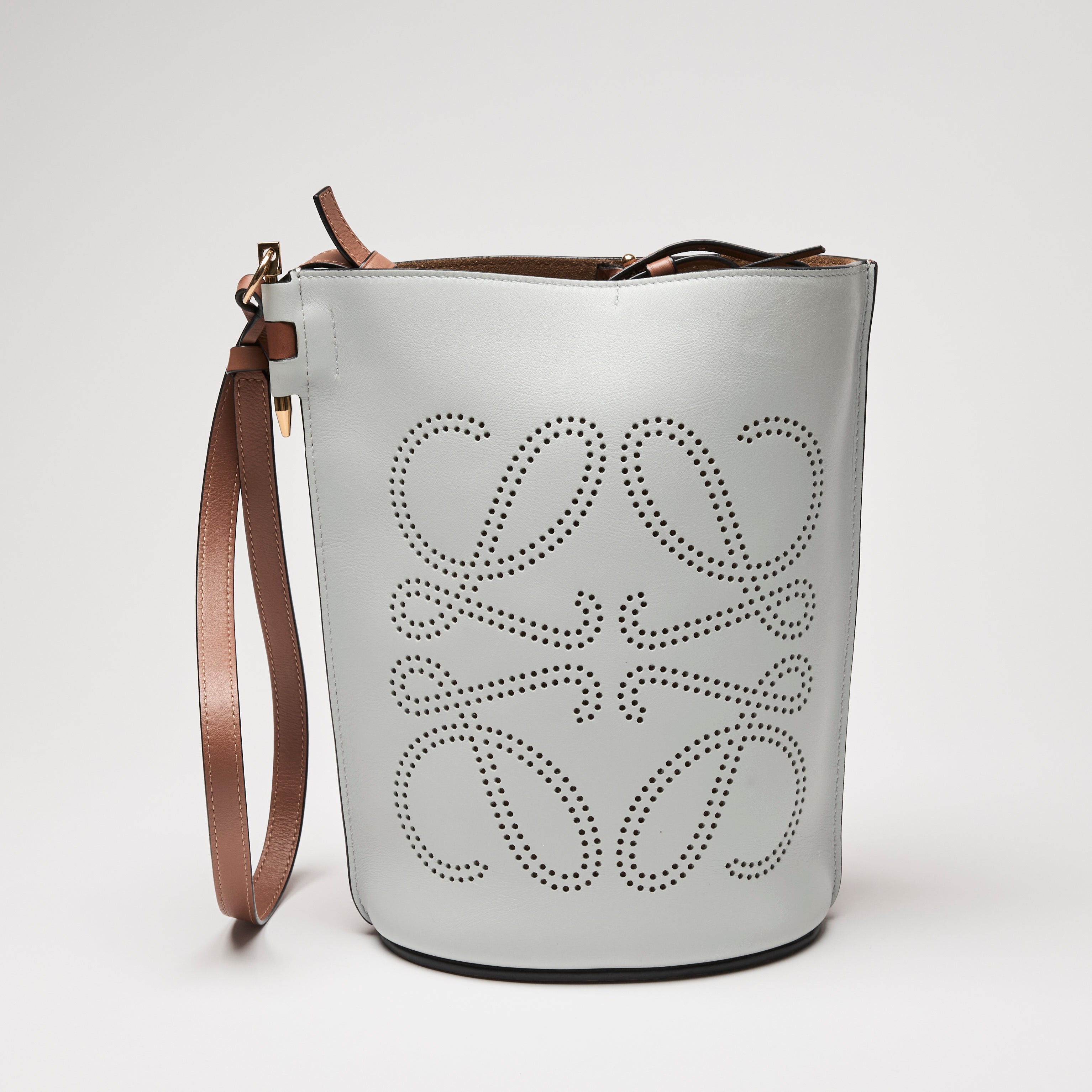 Loewe Grey & Brown Calfskin Gate Anagram Perforated Bucket Bag
