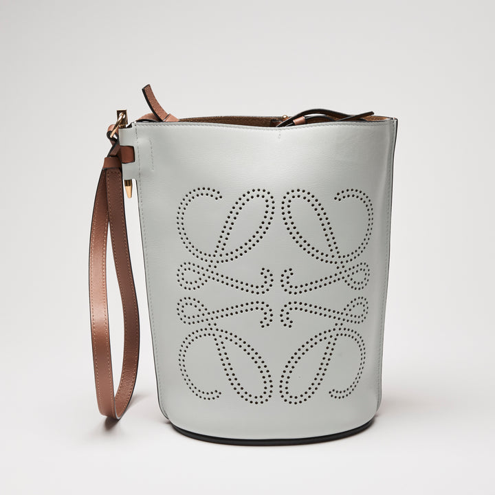 Loewe Grey & Brown Calfskin Leather Gate Anagram Perforated Bucket Bag