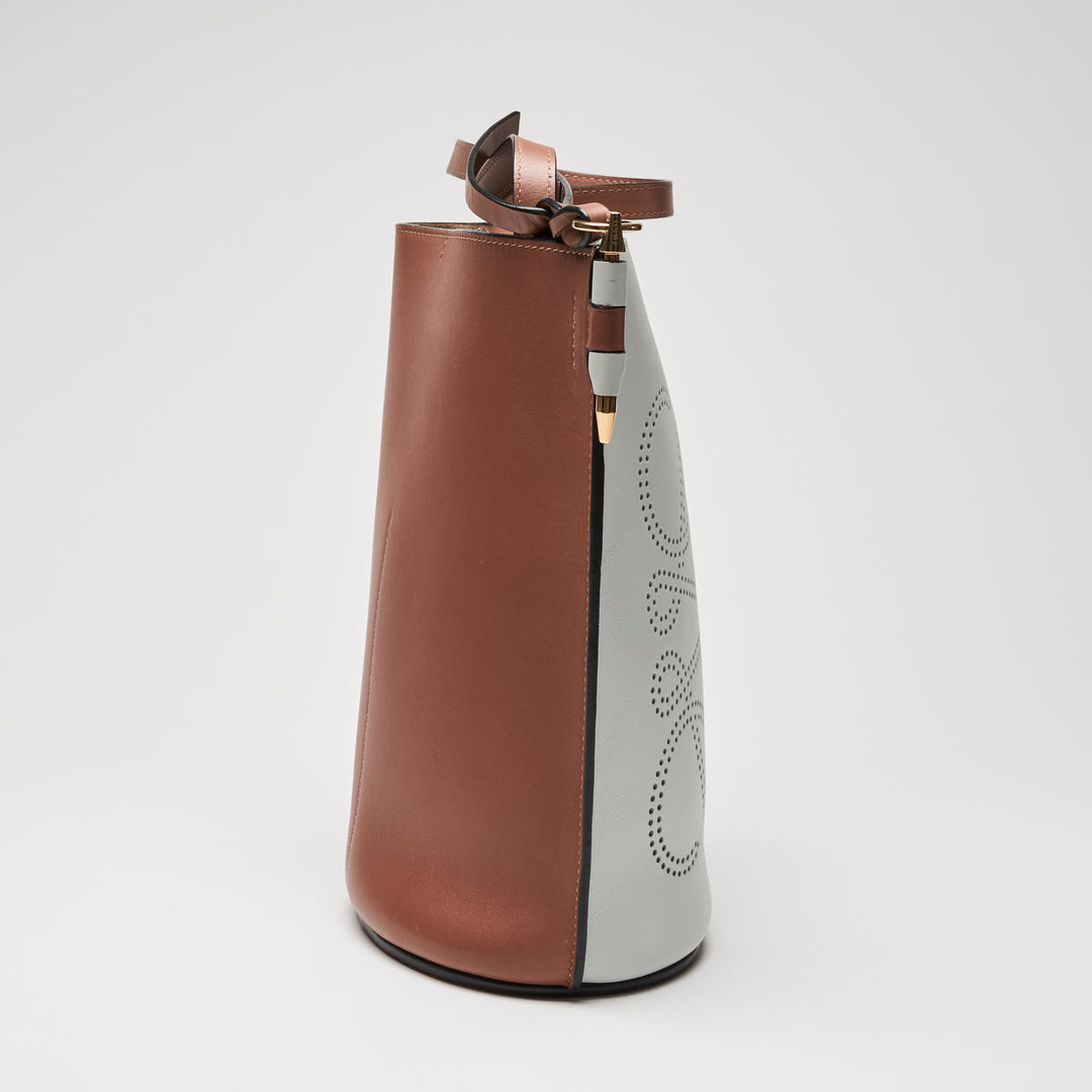 Loewe Grey & Brown Calfskin Leather Gate Anagram Perforated Bucket Bag
