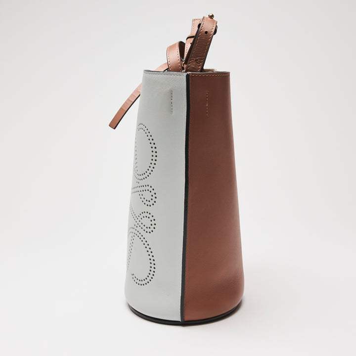 Loewe Grey & Brown Calfskin Leather Gate Anagram Perforated Bucket Bag