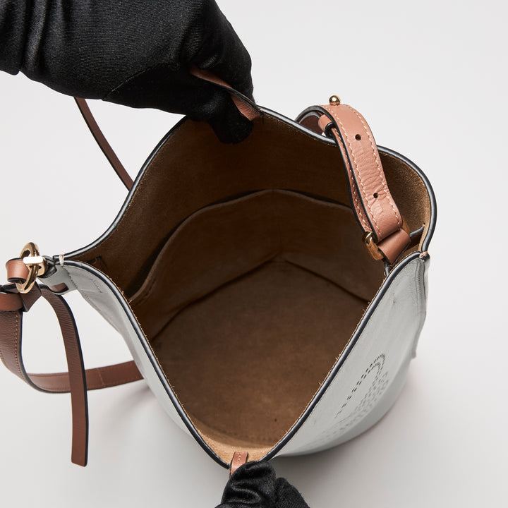 Loewe Grey & Brown Calfskin Leather Gate Anagram Perforated Bucket Bag