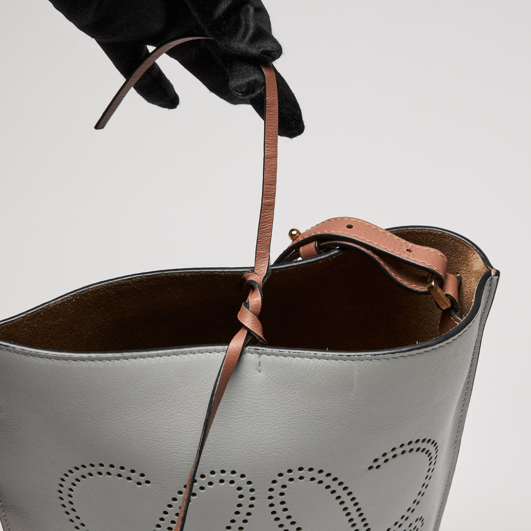 Loewe Grey & Brown Calfskin Leather Gate Anagram Perforated Bucket Bag