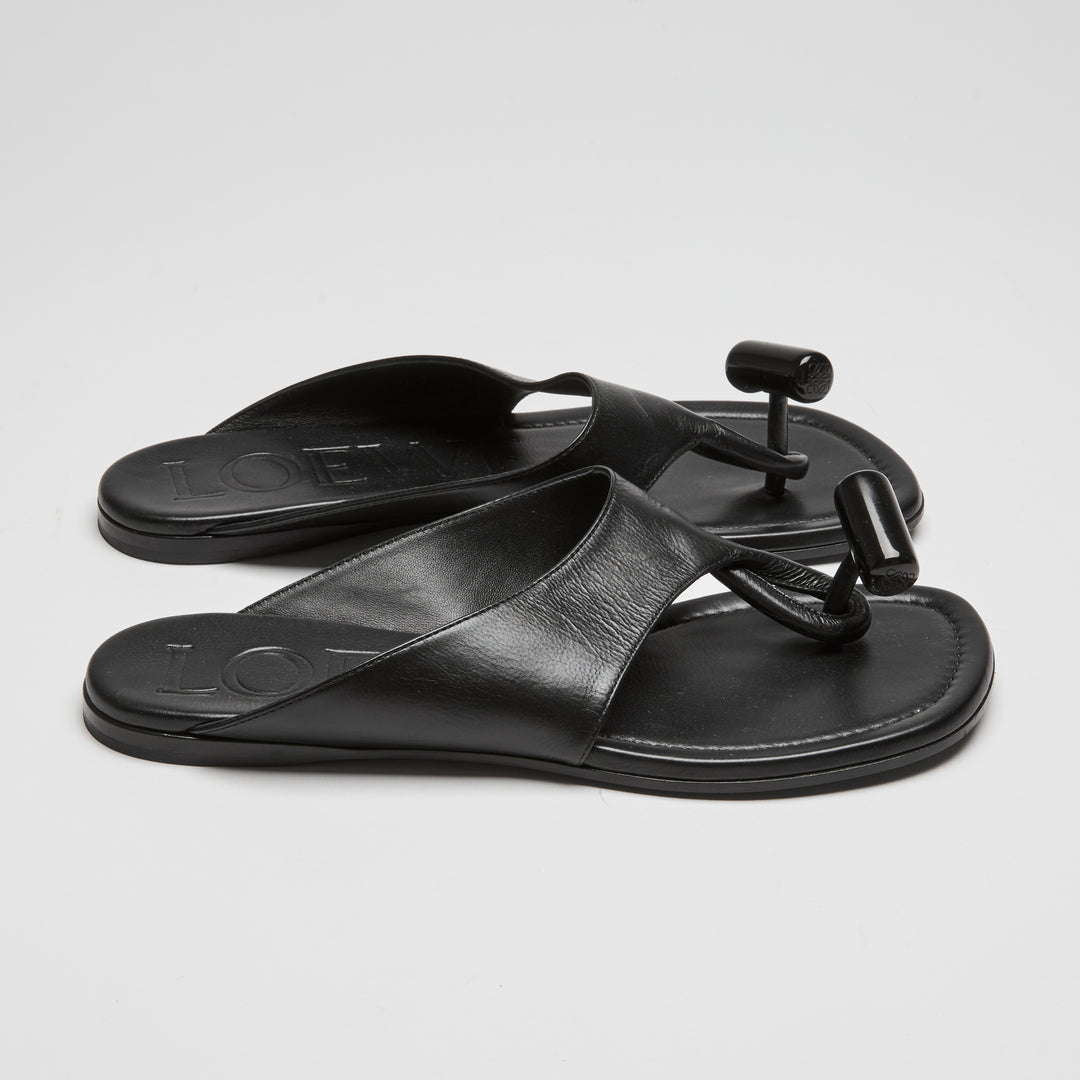 Loewe Black Calfskin Leather Toggle Flat Sandals Size 37
