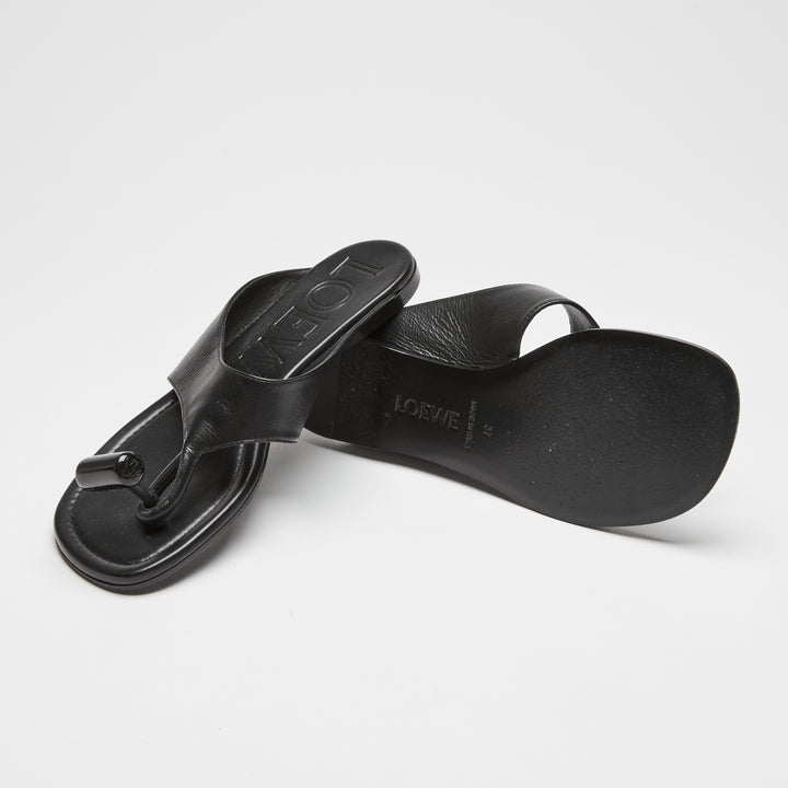 Loewe Black Calfskin Leather Toggle Flat Sandals Size 37