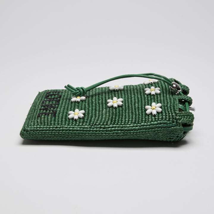 Loewe x Paula Ibiza Green Raffia & Calfskin Leather Drawstring Pocket Bag
