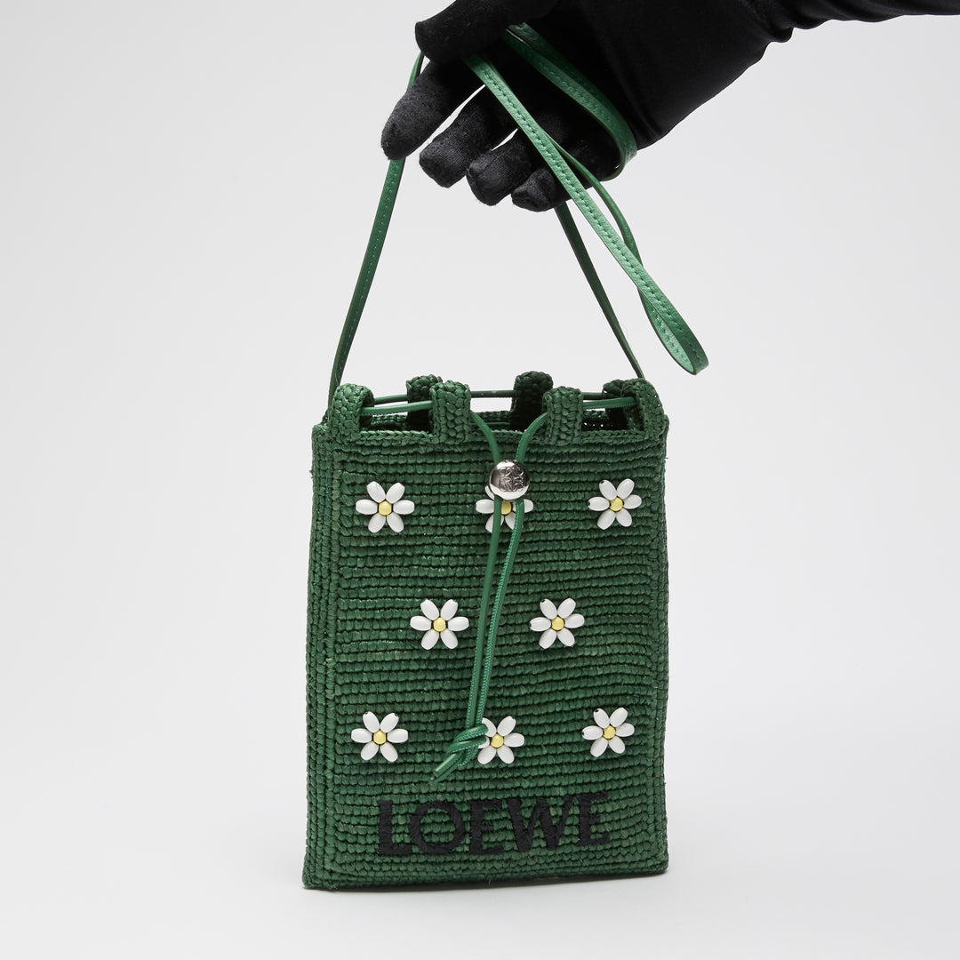 Loewe x Paula Ibiza Green Raffia & Calfskin Leather Drawstring Pocket Bag