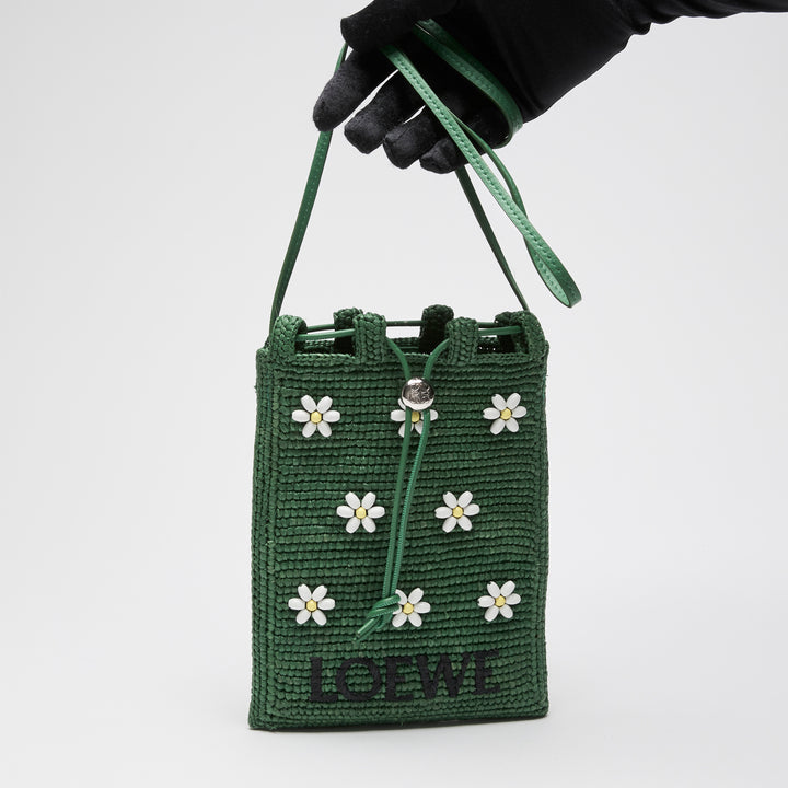 Loewe x Paula Ibiza Green Raffia & Calfskin Leather Drawstring Pocket Bag