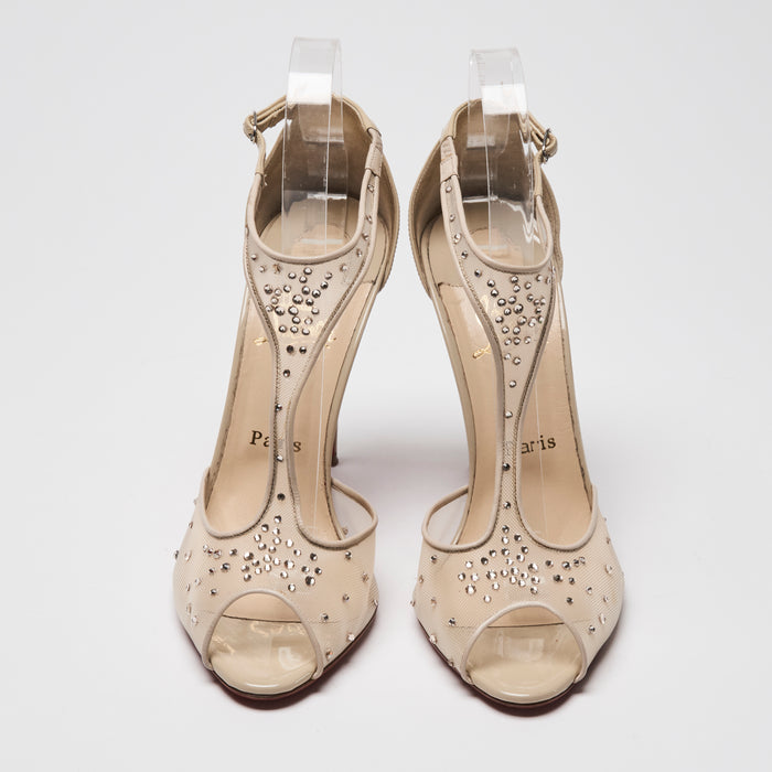 Christian Louboutin Beige Patent Leather & Mesh Pumps with Crystals Size 39