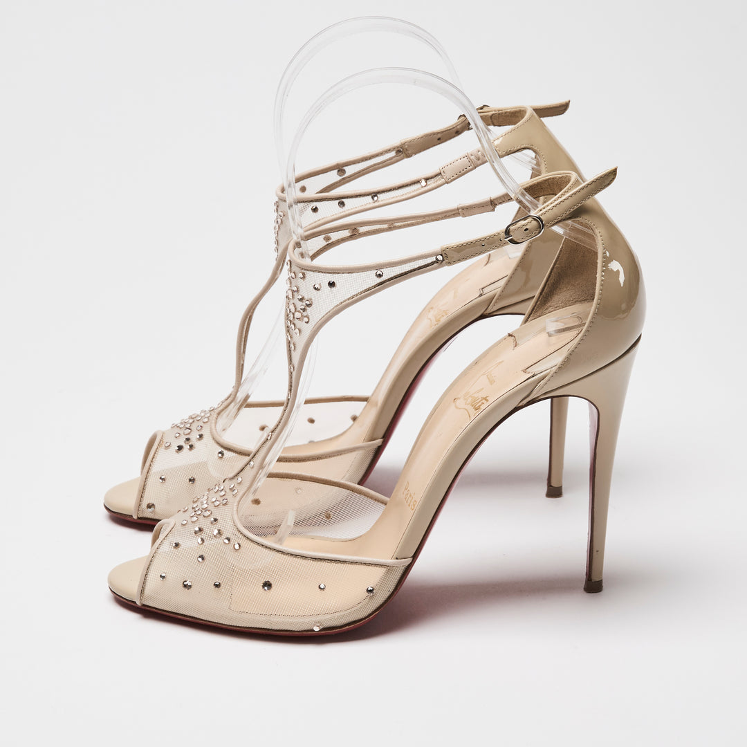 Christian Louboutin Beige Patent Leather & Mesh Pumps with Crystals Size 39