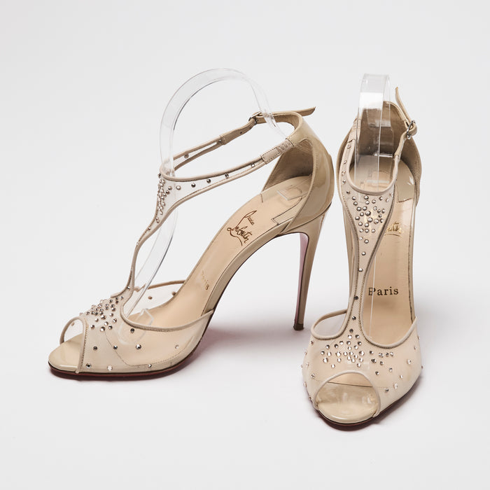 Christian Louboutin Beige Patent Leather & Mesh Pumps with Crystals Size 39