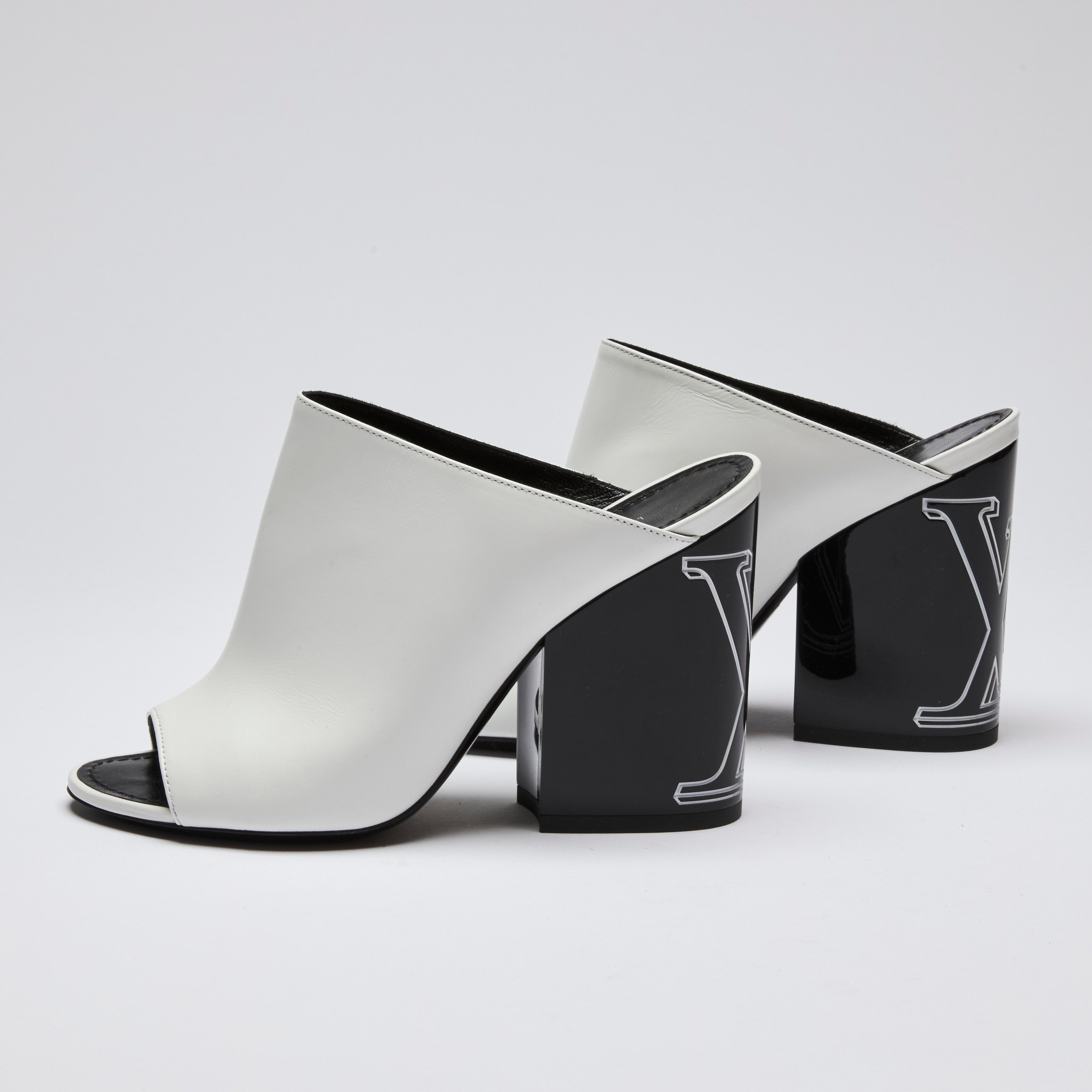Louis Vuitton Black and White Peep Toe Block Heel Mules Size 36