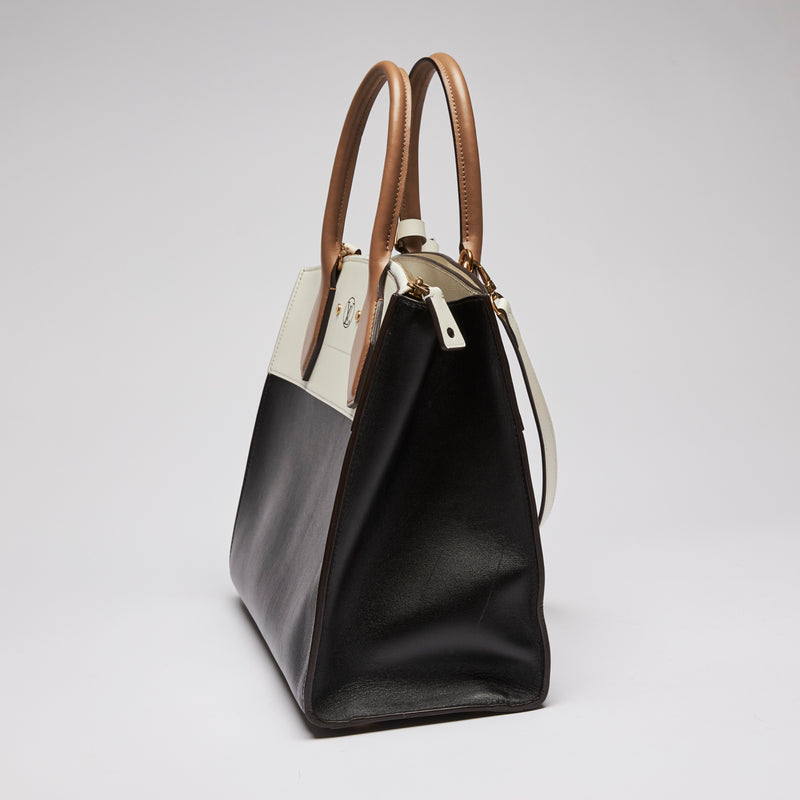 Excellent Pre-Loved Ivory/Dark Beige/Black Smooth Leather Top Handle Bag. (side)