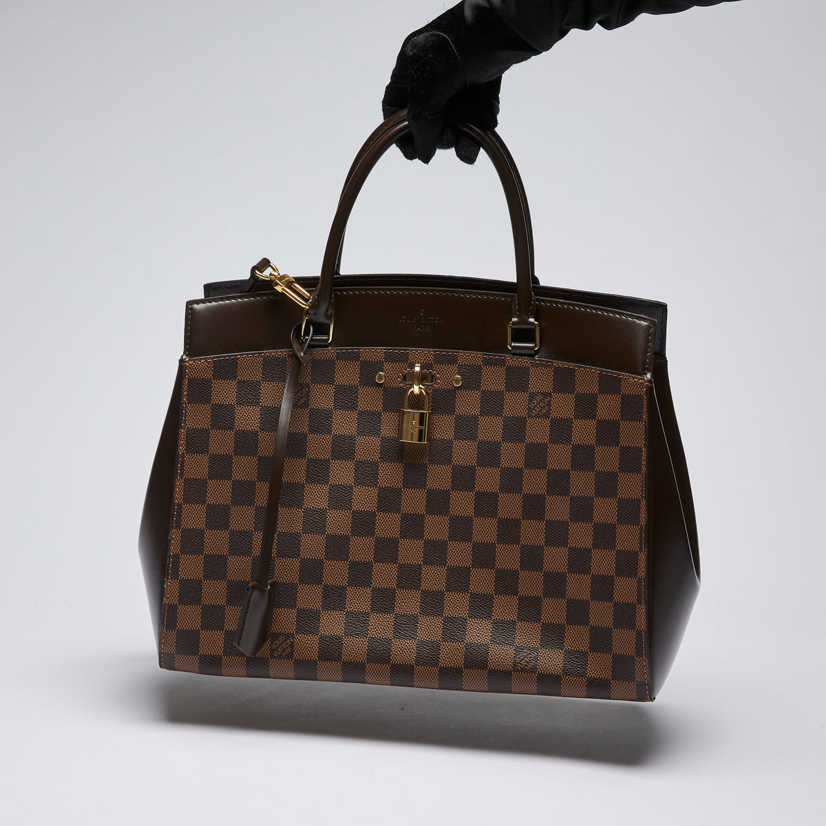 Excellent Pre-Loved Brown Checker Patterned Coated Canvas and Brown Smooth Leather Top Handle Tote Bag with Removable Shoulder Strap.(front)