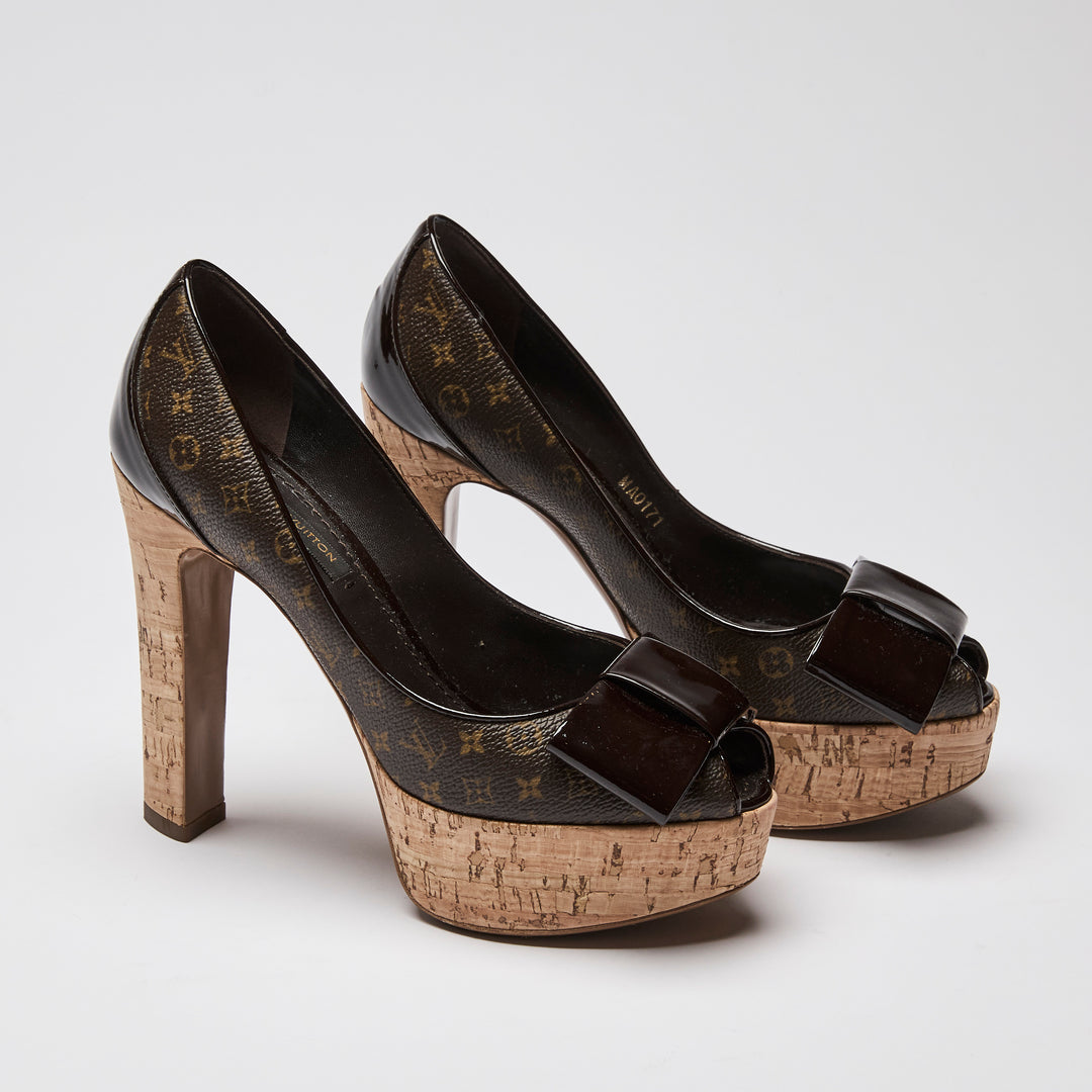 Louis Vuitton Rivoli Cork Platform Peep Toe Sandals Size 34.5