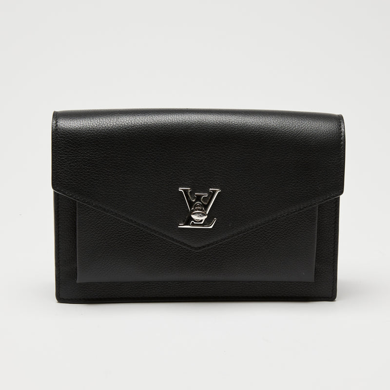 Louis Vuitton Mylockme Chain Pochette wallet on chain with silver hardware and flap opening.